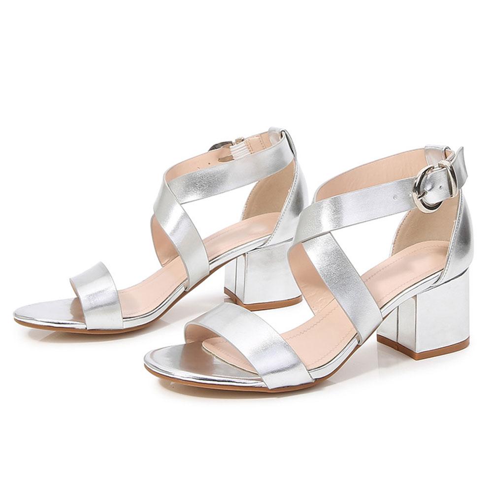 Women 'S Shoes Cross Strap Sandals Square Heels Silver Gold Shoes Summer Classic Faux Leather Comfy Walk
