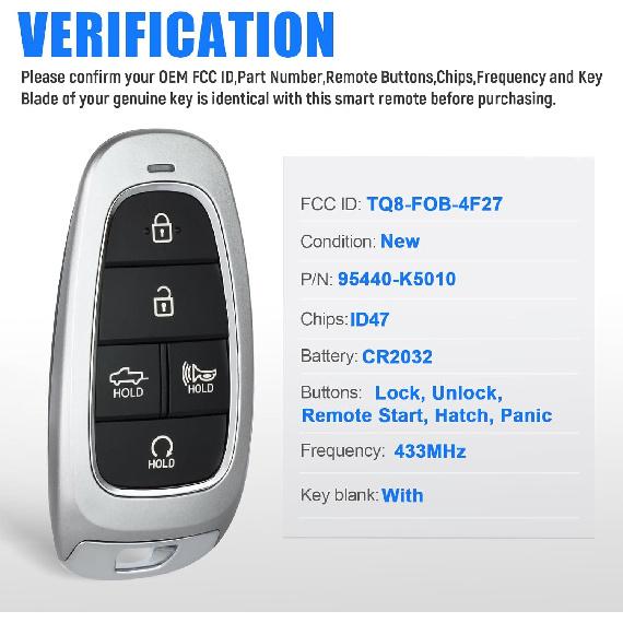 Keyless Entry Proximity Remote Key Fob Replacement for Hyundai Santa Cruz 2022 TQ8-FOB-4F27 95440-K5010 433MHz