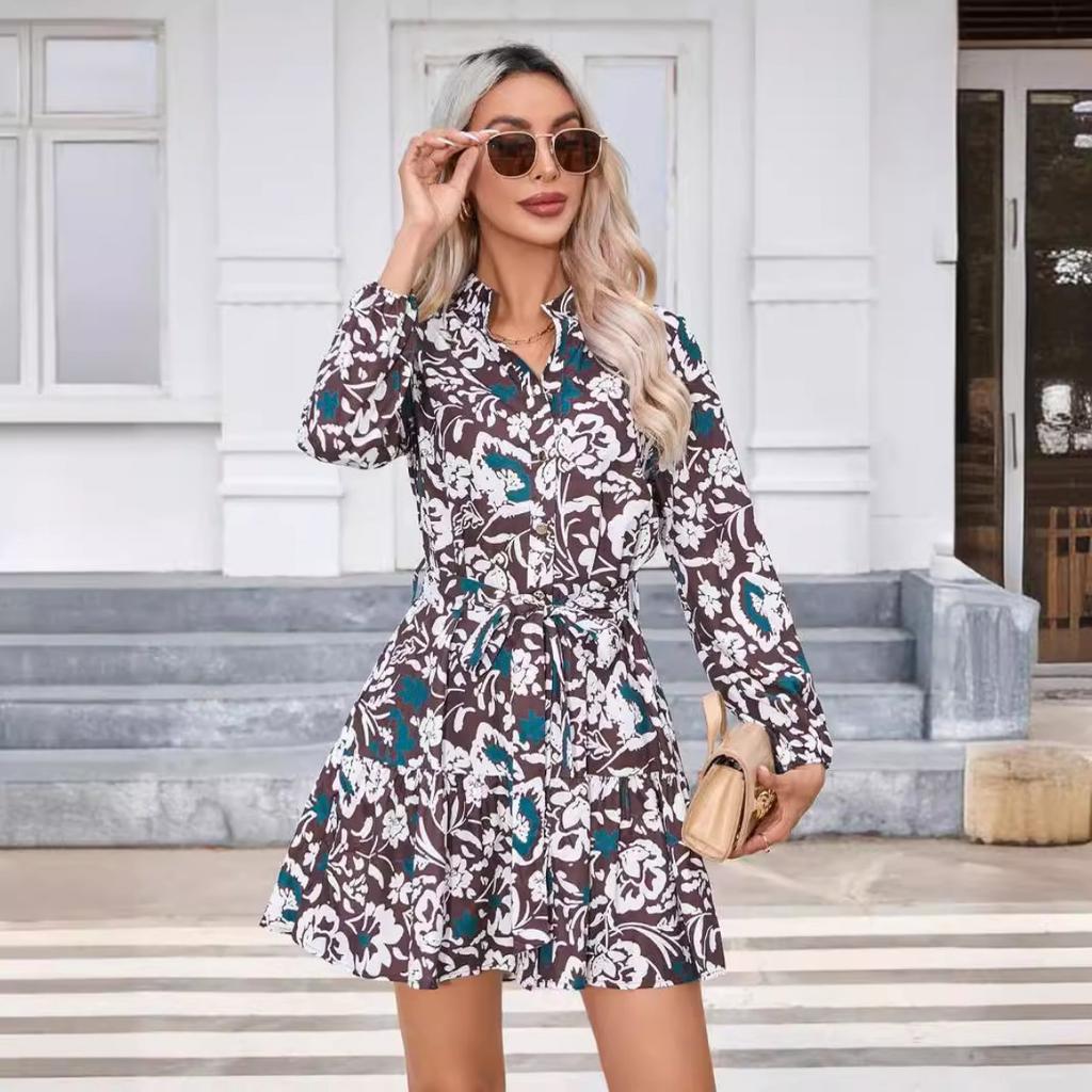 Women's Fall Winter Long Sleeve Printed Button Dress, European & American Style Casual Dress for Crossborder Outwear