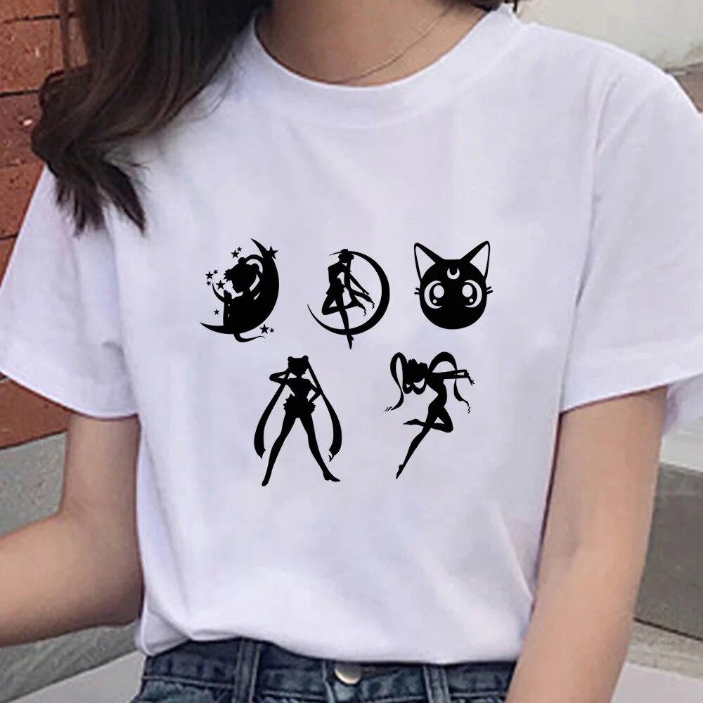 Cartoon Anime Sailor Graphic Moon Print 100 % Baumwolle T-Shirt Mode Goth Girl Kleidung Kurzarm Übergroßes Unisex Frauen T-Shirt Unisex