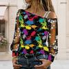 Plus Size Women Slanted Shoulder Long Sleeve Top Boho Abstract Floral Print Mesh Lace Splicing Blouse