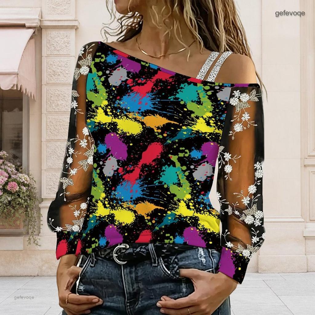 Plus Size Women Slanted Shoulder Long Sleeve Top Boho Abstract Floral Print Mesh Lace Splicing Blouse