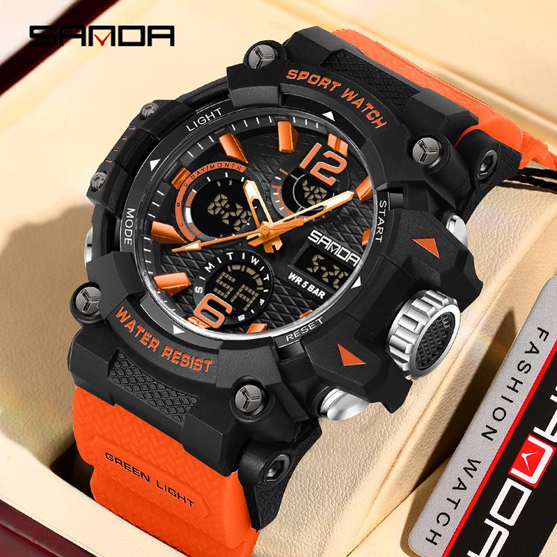 Sanda Dual-Movement Sports Watch with Countdown, Alarm, Night Light, Waterproof, and Multi-Function Features for Students.