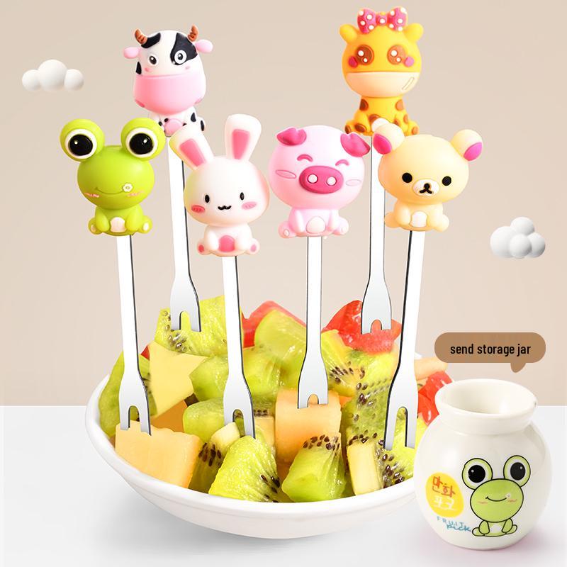 Stainless Steel Children's Fruit Forks - Cute Style Dessert & Cake Forks with Storage Jar for Baby Household Use