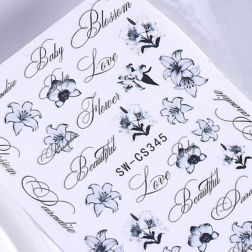 3Pcs Floral Nail Stickers Pink Black Lily Flower Vintage English Letter Nail Art Decals