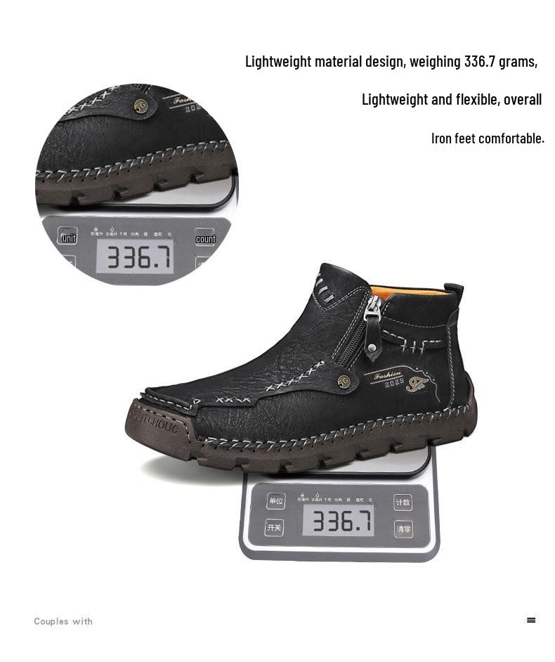 Men's Martin Boots: Autumn/Winter Zipper Casual Short Boots with Plus Size, Handmade Stitching, and Velvet Lining.