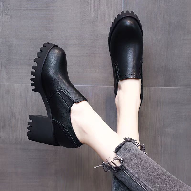 High-heeled loafers for women's 2025 spring and autumn new soft leather thick heel thick sole professional single shoes work small leather shoes on