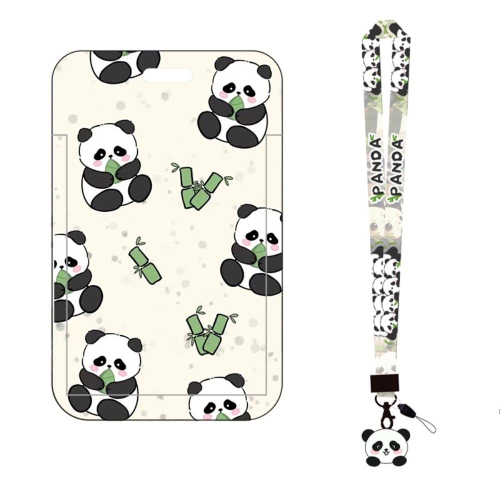 New Panda Printing Plastic Card Holder with Long Lanyard Slide Card Case ID Card Protective Cover