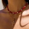 Jiedin European and American Stainless Steel Red Turquoise Cross Stacked Necklace Titanium Steel Jewelry Jewelry Does Not Fade