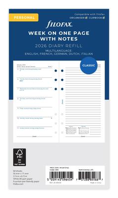Filofax System Organizer Refill, 2026, January Start, Bible Weekly, White, 26-68409, Officially Imported