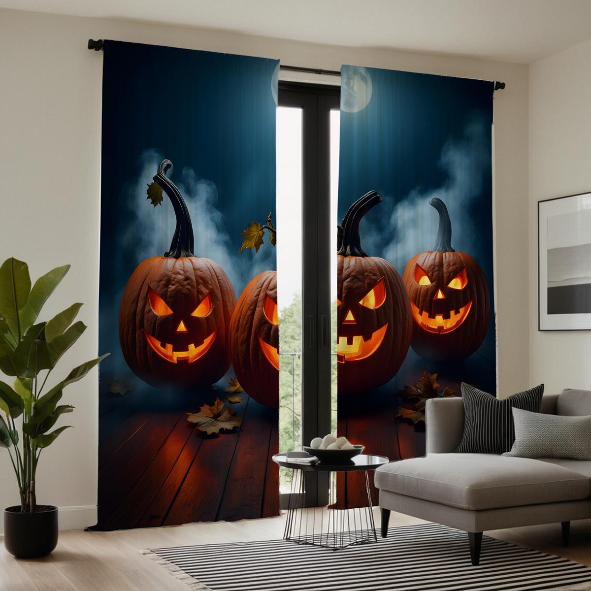 

Комплект из 2 предметов HD Хэллоуин Лунная тыква Призрак занавеска с синей завязкой цифровая печать занавеска Домашний декор стиль Украсьте гостиную быть W52H63inchW132H160cm