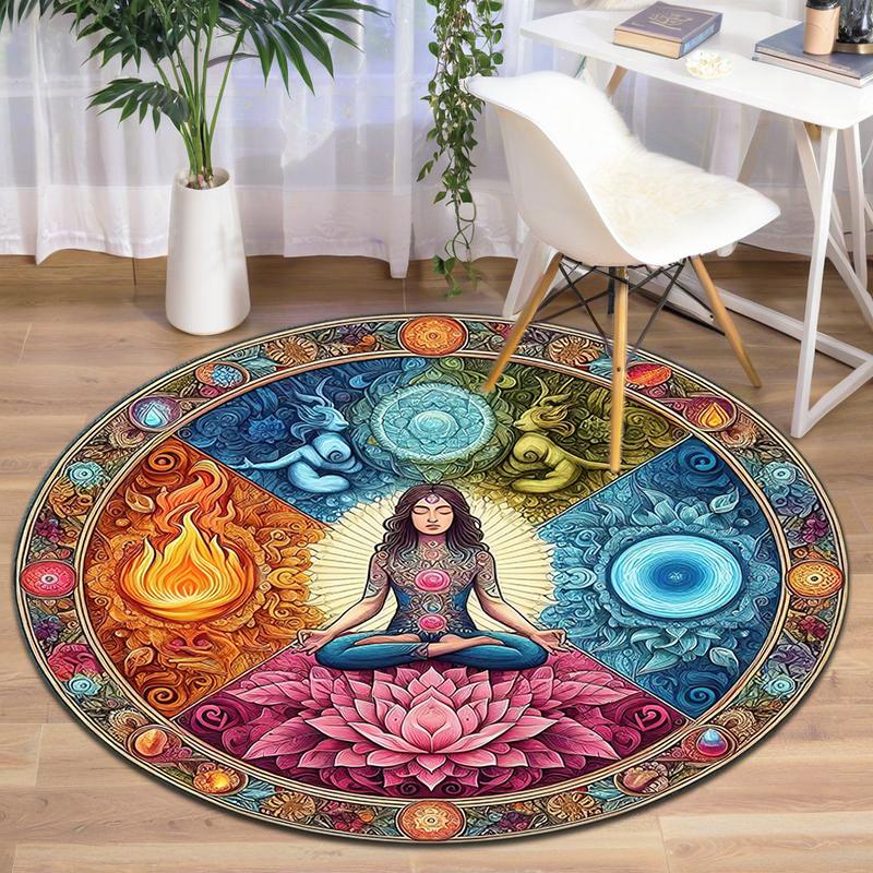 1Pc Chakras Theme Printed Circular Carpet, Home Door Mat, Outdoor Travel Protection Carpet A2