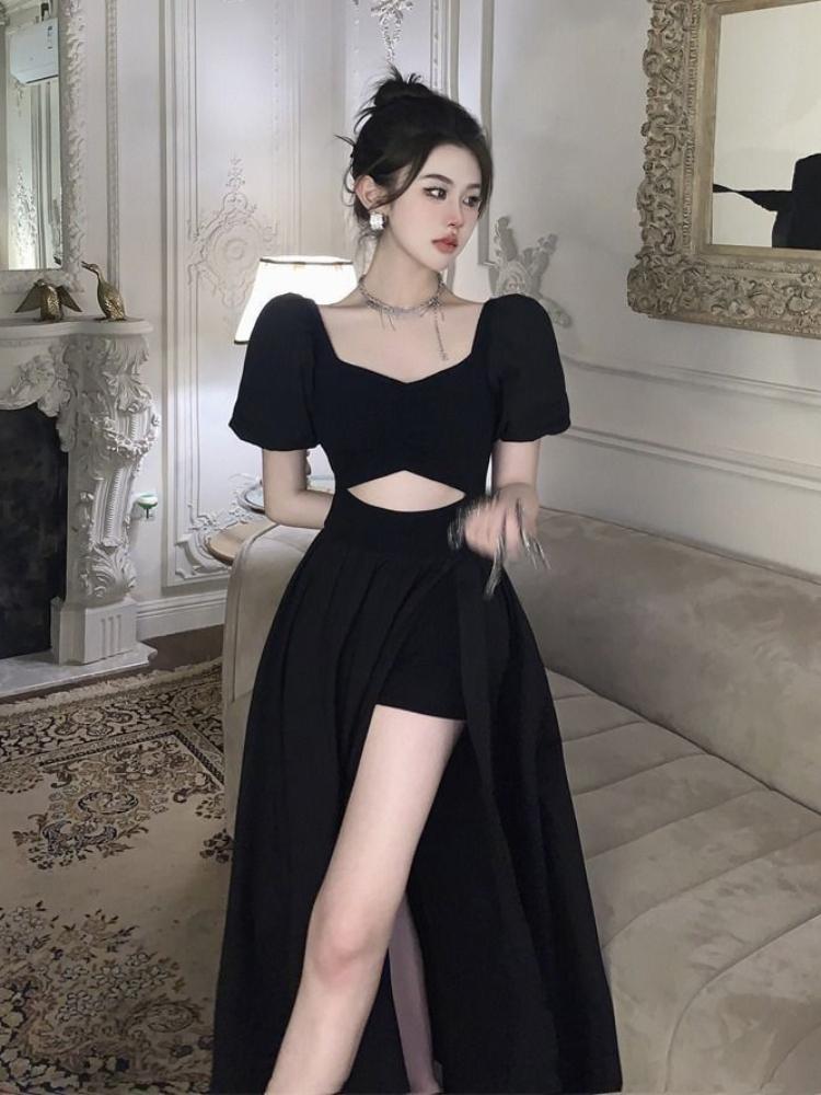 New Vintage French Open Fork Long Dresses Women Black Elegant Party Hollow Out Maxi Dress Female Korean Style Sexy Club One Piece Dress
