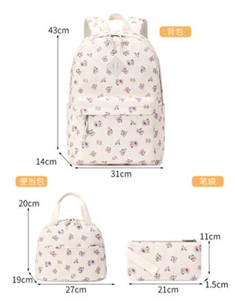 Purple rose print women's backpack High quality corduroy material university school bags College style 3-piece backpack set