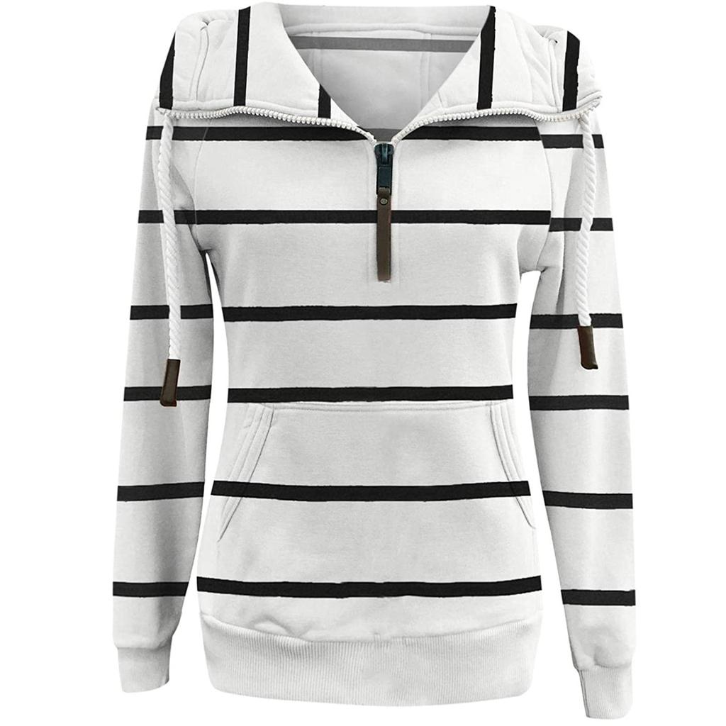 Fashion Women's Pocket Stripe Printed Swap Long Sleeve Hooded Sweatshirt Top