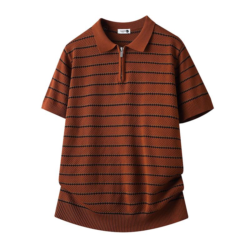 Loose Ice Silk Knitted POLO Shirt For Men, Thin Half-zip Striped Polo Shirt For Men, Short-sleeved Ice Silk T-shirt 2XL красный