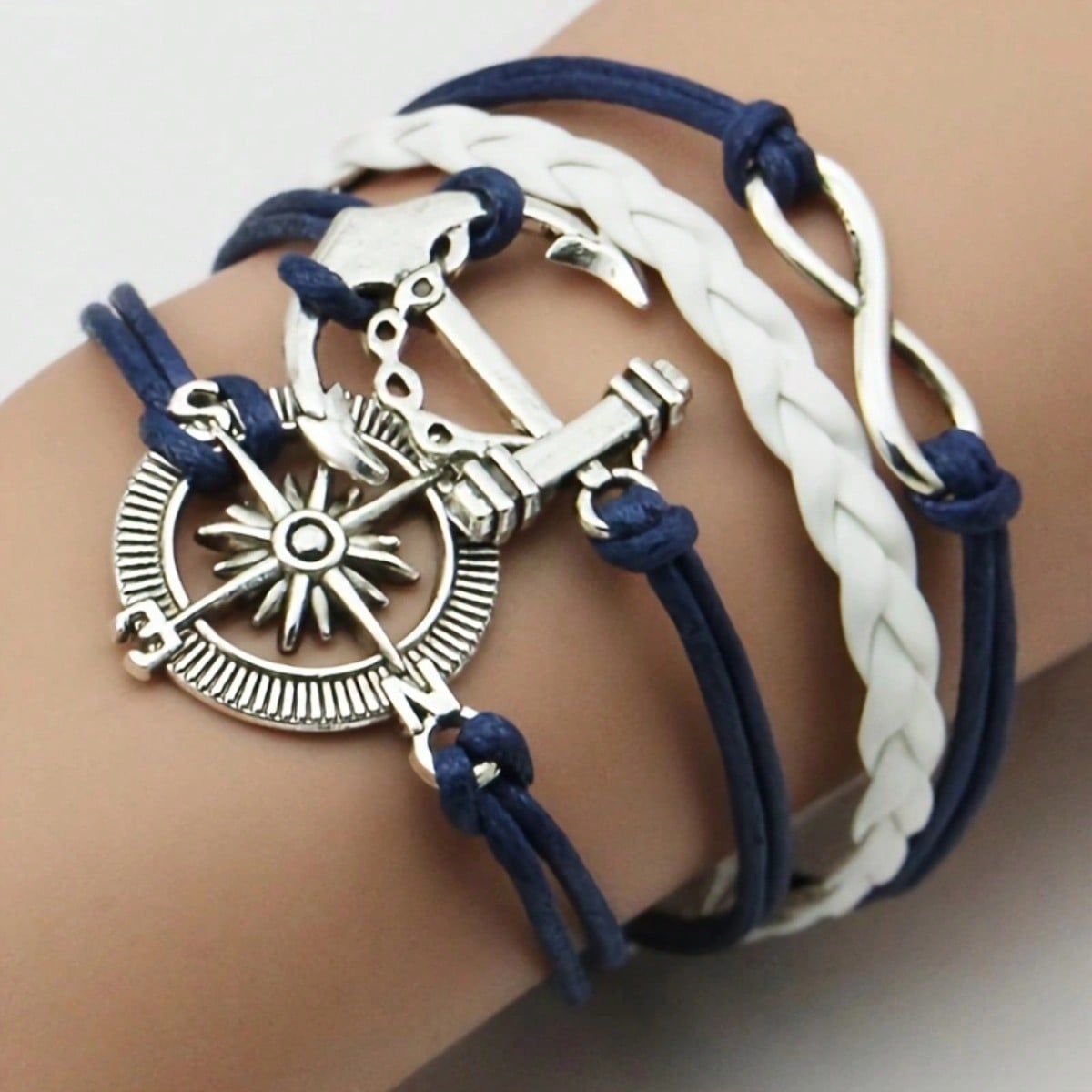 

1 Piece Retro Anchor Compass Layered Bracelet | Blue and White Woven Infinite Winding Bracelet | Bohemian Beach Summer Men s and Women s Jewelry синій