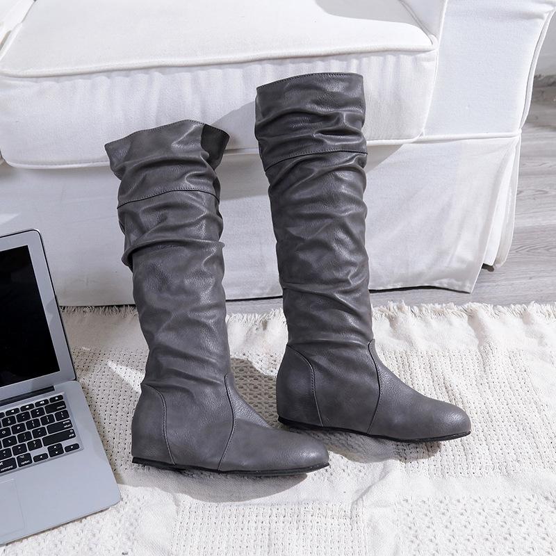 Women's Boots Women's Flat Boots Solid Color Pleated High Leather Boots