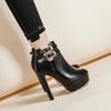 2026 New Thick Heel Belt Buckle Waterproof Table Short Boots Super High Heel Black Martin Boots Professional High Heels Autumn and Winter