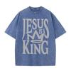 2026 Jesus Is King Crown Letter Graphic Black Acid Washed T Shirt Christian Faith Casual Oversized Unisex Short Sleeve Streetwea