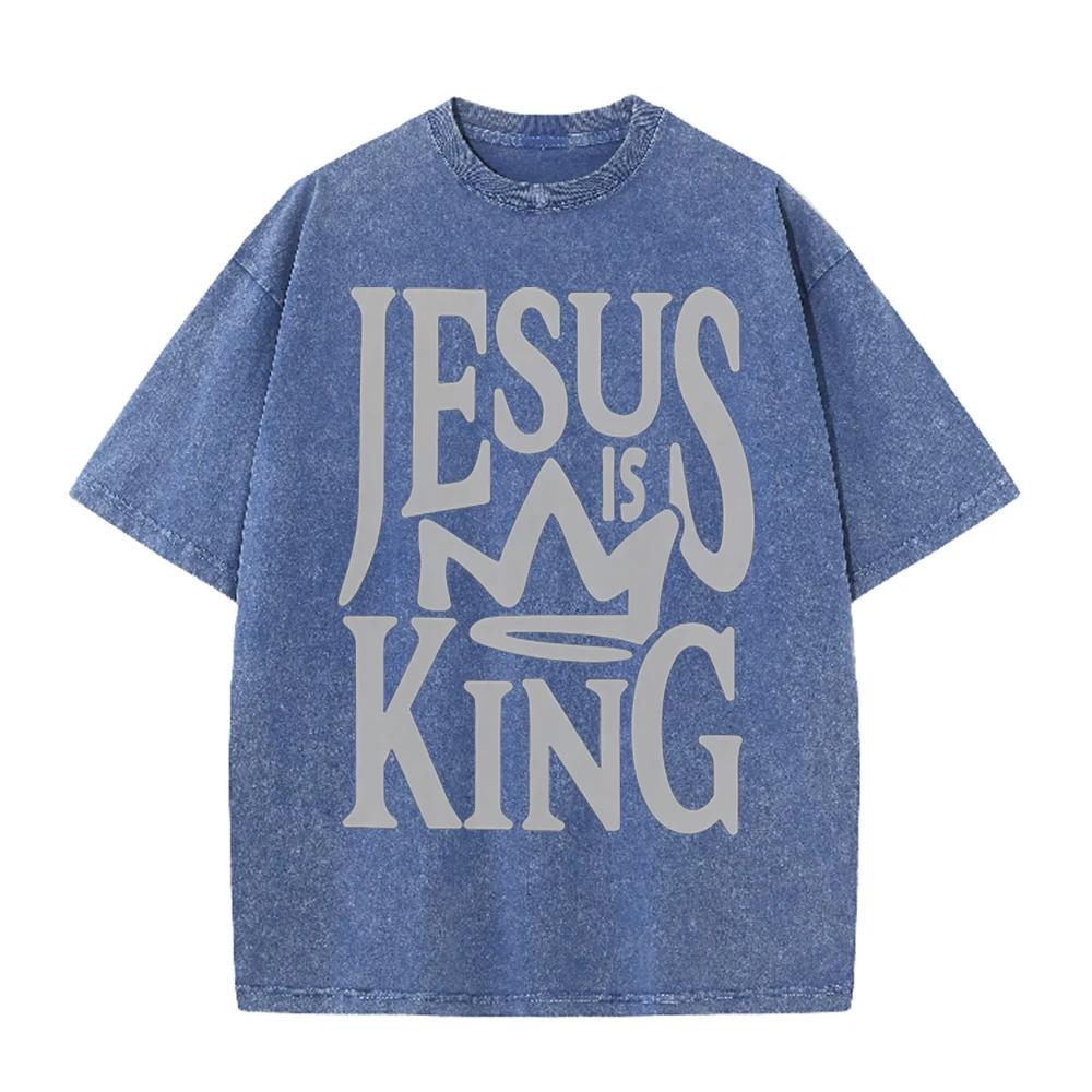 2026 Jesus Is King Crown Letter Graphic Black Acid Washed T Shirt Christian Faith Casual Oversized Unisex Short Sleeve Streetwea