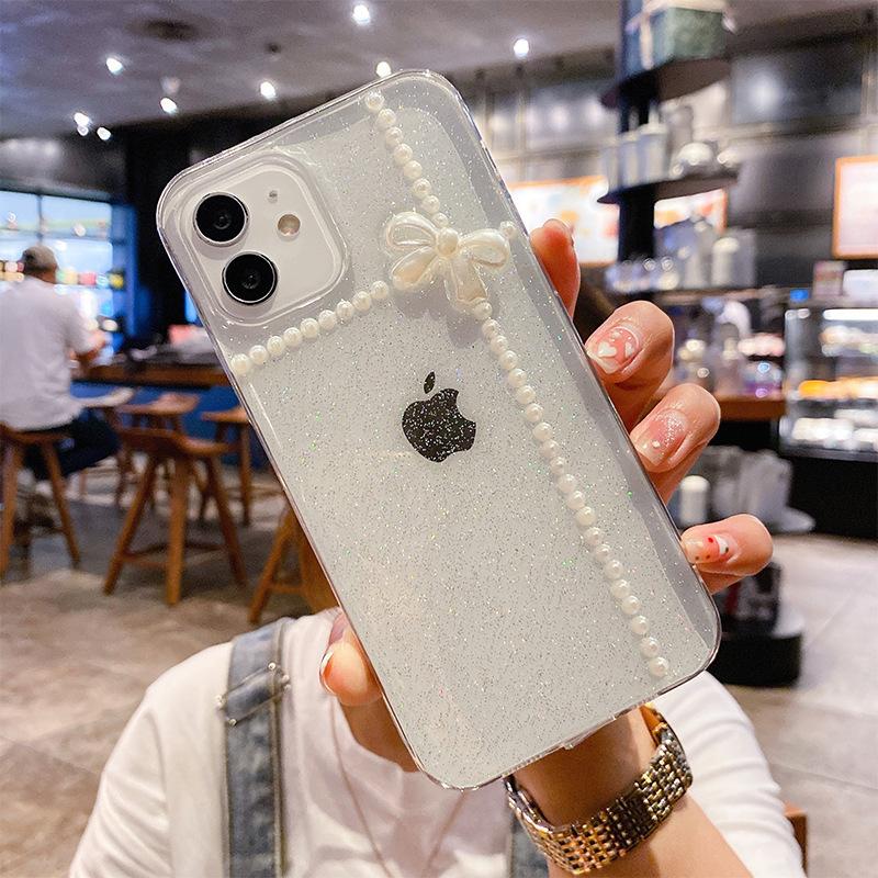 Ins Glitter Mobile Phone Case for Apple 17 Promax Bow Pearl for IPhone 16 Glue Light Luxury Women’s Model