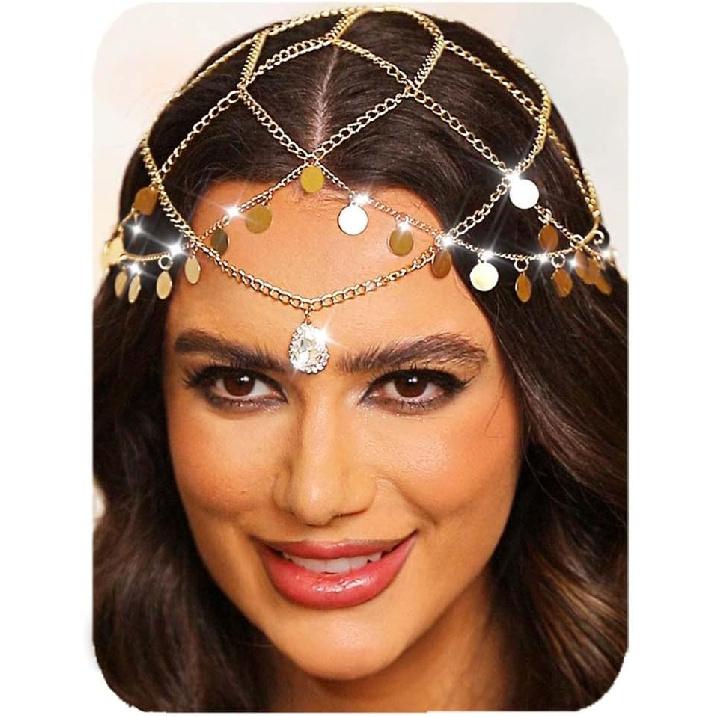 Fashey Boho Sequins Head Chain Gold Mesh Headpiece Cap Wedding Hair Accessories for Women