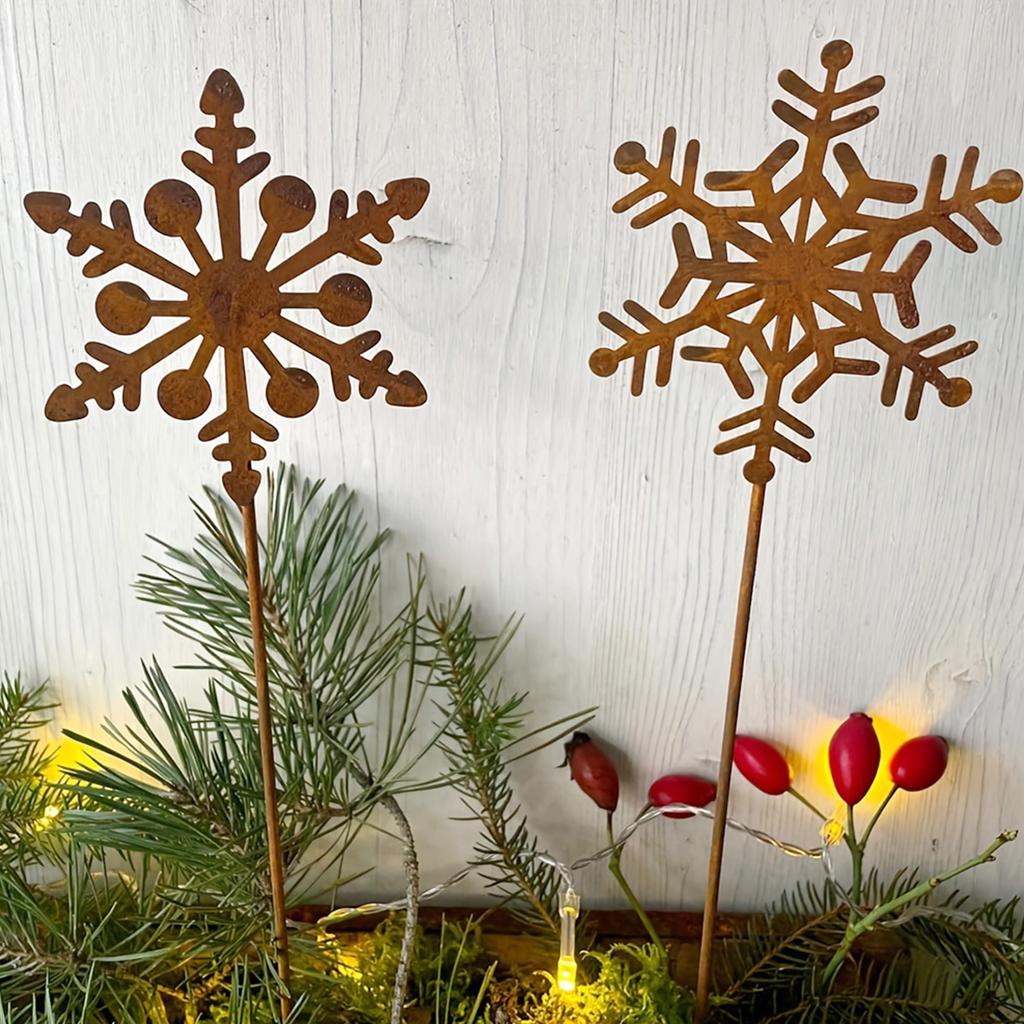 2-Piece Wrought Iron Snowflake Garden Decoration Stakes, Winter Decoration, Rust-Colored Christmas Decoration, Flower Pots, Bonsai Christm