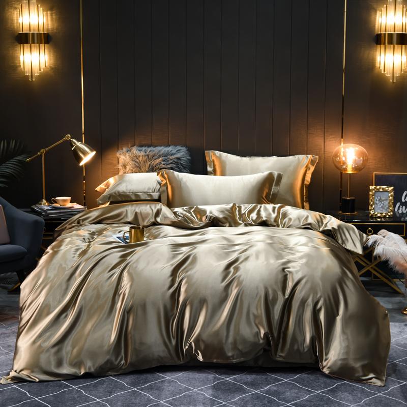 Solid Satin Bedding Set Soft Smooth Duvet Cover Sheet Pillowcase For Twin Full Queen King Size Beds