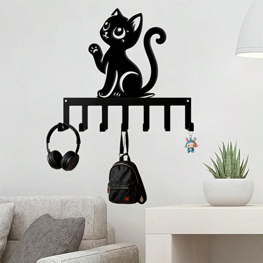 Modern Cat Key Holder Wall Mounted Metal Key Organizer with 7 Hooks Ideal Gift for Cat Lovers