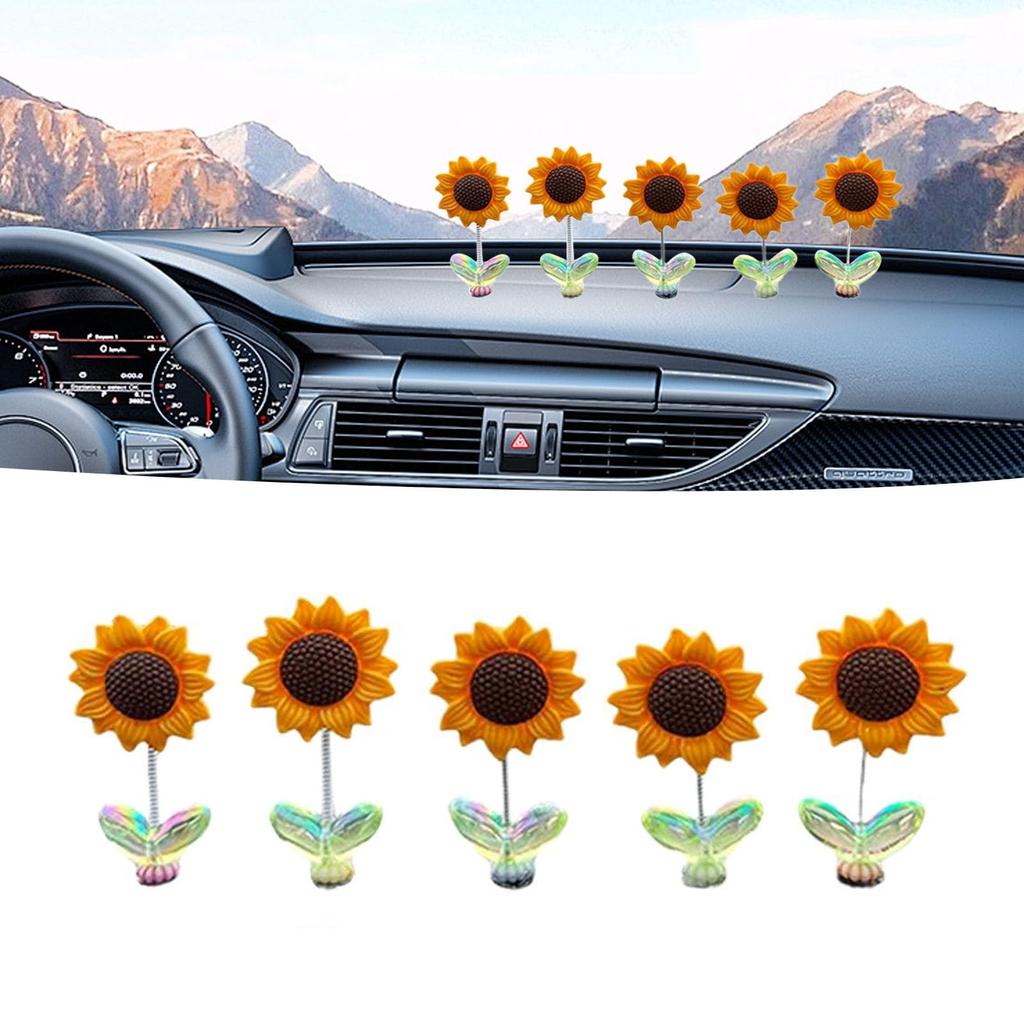5 Pieces Sunflower Car Decorations, Car Spring Decorations With Stickers, Creative Car Swing Decorations, Sunflower Dashboard Decorations