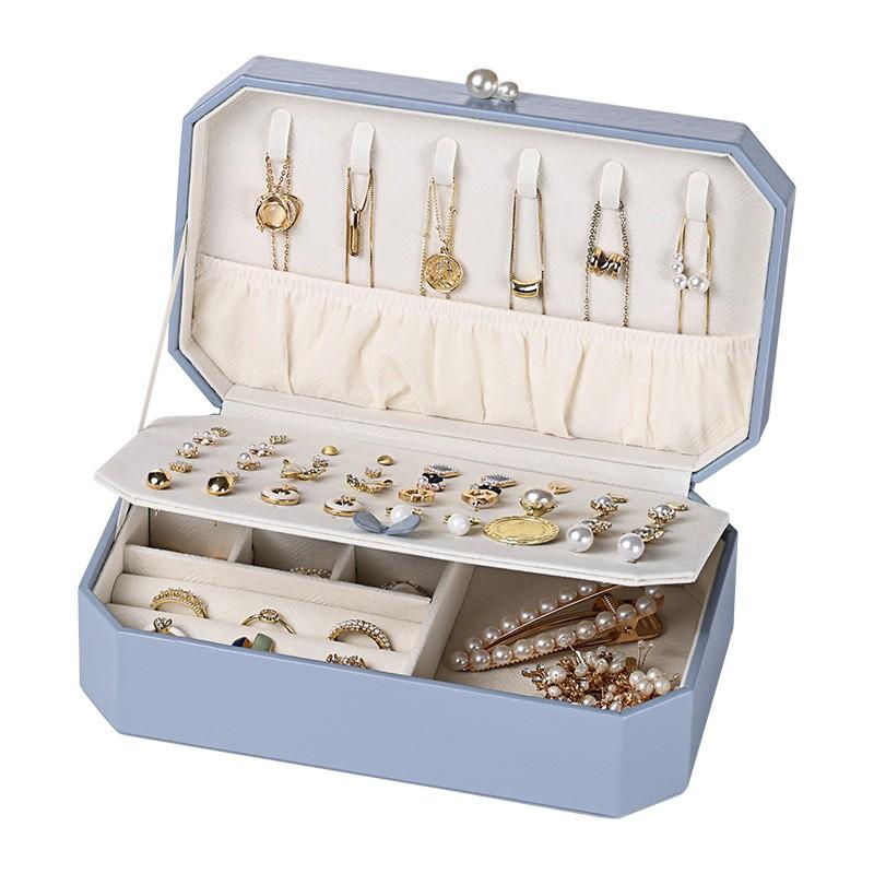 Elegant Dual-Layer PU Jewelry Box Rings Necklaces Storage Pearl Finish White Sky Blue