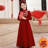 Girls' Formal Red Embroidered Dress - Korean Velvet Silver Fox, Elegant Long-Sleeve, 410g