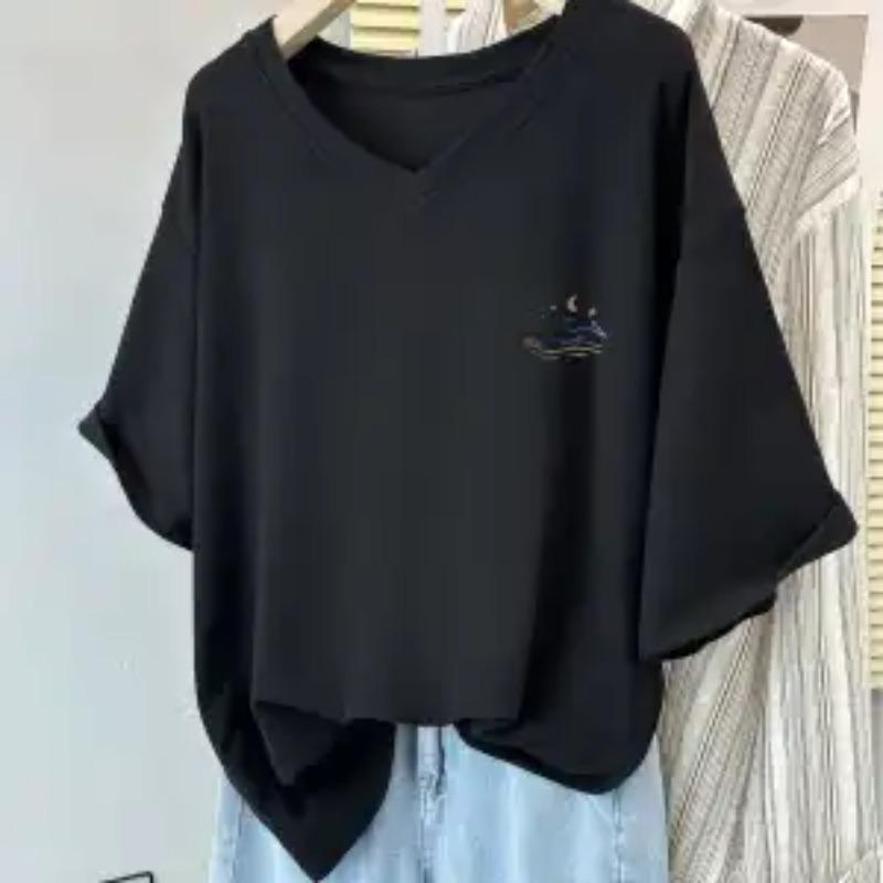 V Neck Whale Embroidery Cropped T-Shirt Loose Fit Casual Short Sleeve Top