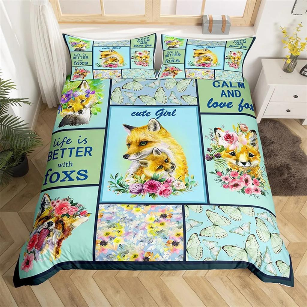 Tecknad Räv Påslakan Kawaii Djur Höstlöv Lönnlöv Tema Skogsdjur för Barn Kvinnor Flickor Sovrumsinredning