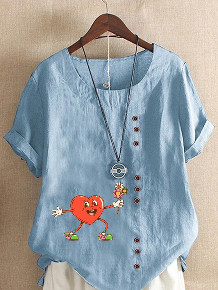 Women's Fashion Heart Shaped Floral Print Round Neck Short Sleeve T-shirt Summer Casual Cotton Linen Graphic Shirt Leisure Loose Blouse Tops