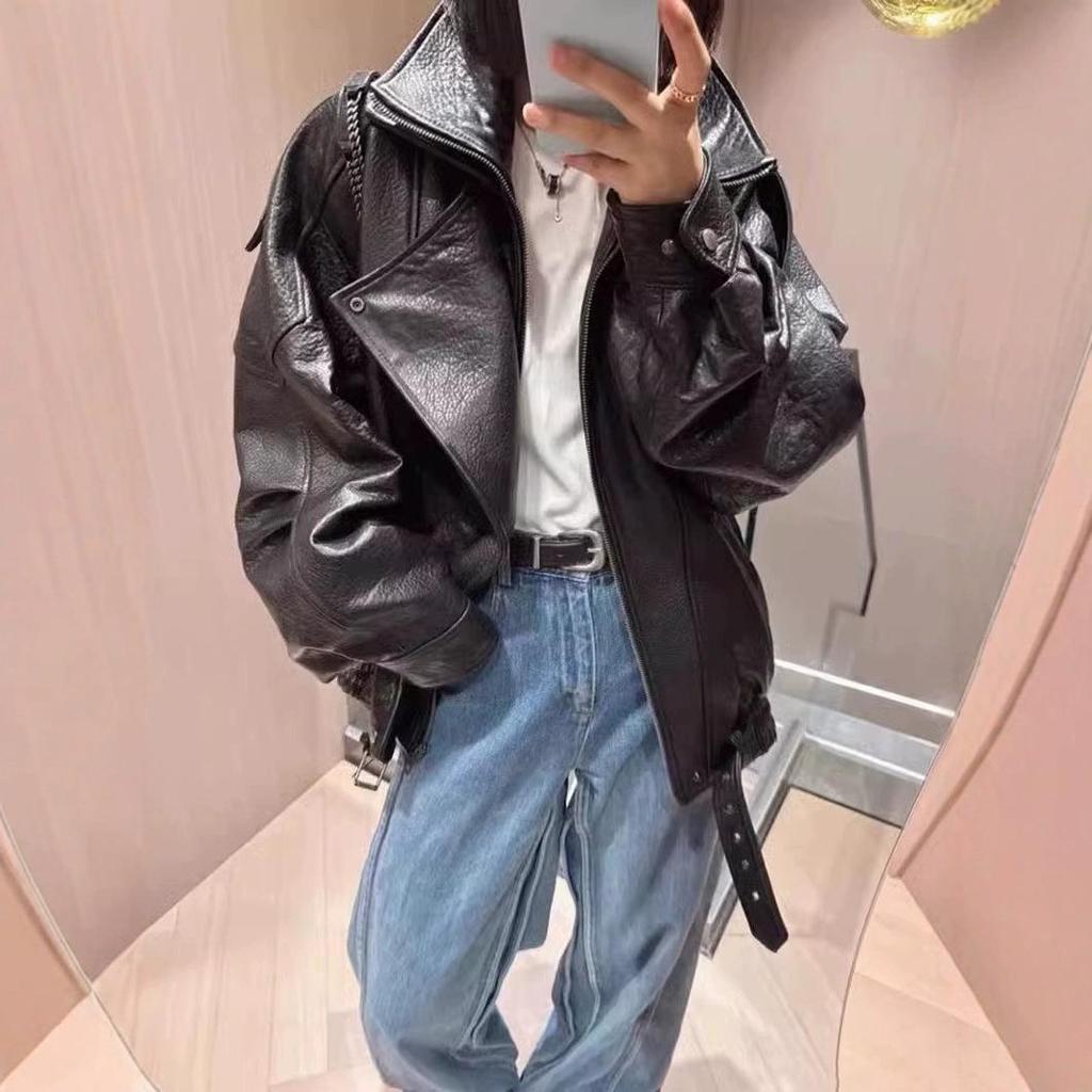 Black Oversize Cross-Border Lamb Bubble Leather Biker Jacket - Loose Fit PU Leather for Early Autumn