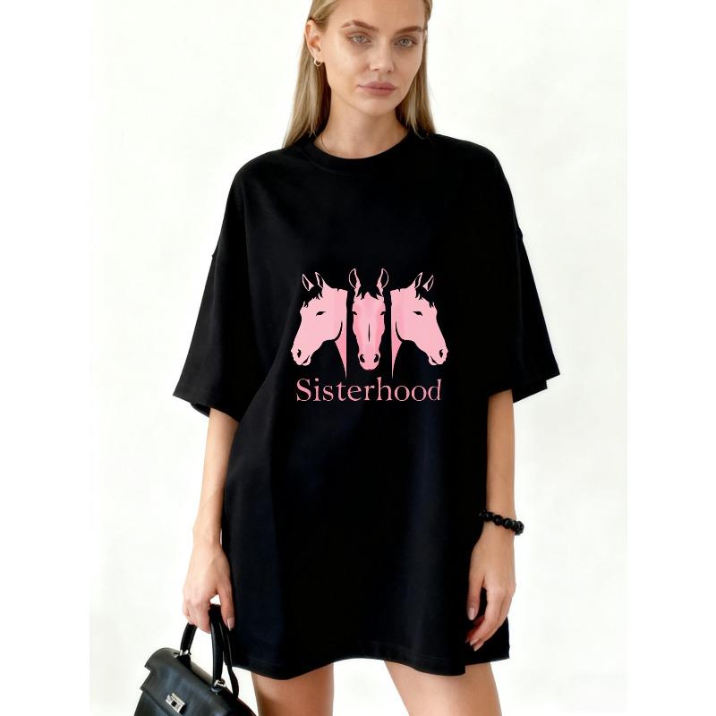 Oversized T-Shirt Black Horse Heads And Sisterhood Text Print Casual Wear For Women