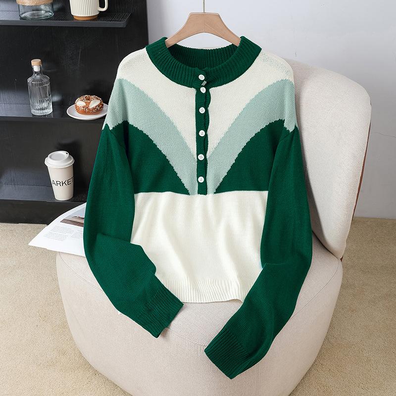 

YYFS Women s Fashion Casual Fall Winter Colour Block Print Long Sleeve O-Neck Tops Women s Clothing Woolen Knitwear Sweaters L зелений