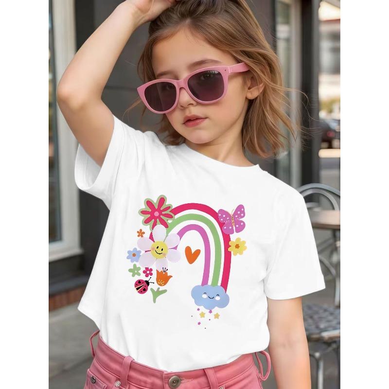 Girls Crewneck Short Sleeve Tee, Cute Cartoon Rainbow Floral Ladybug Print Casual Kids Top 110 белый