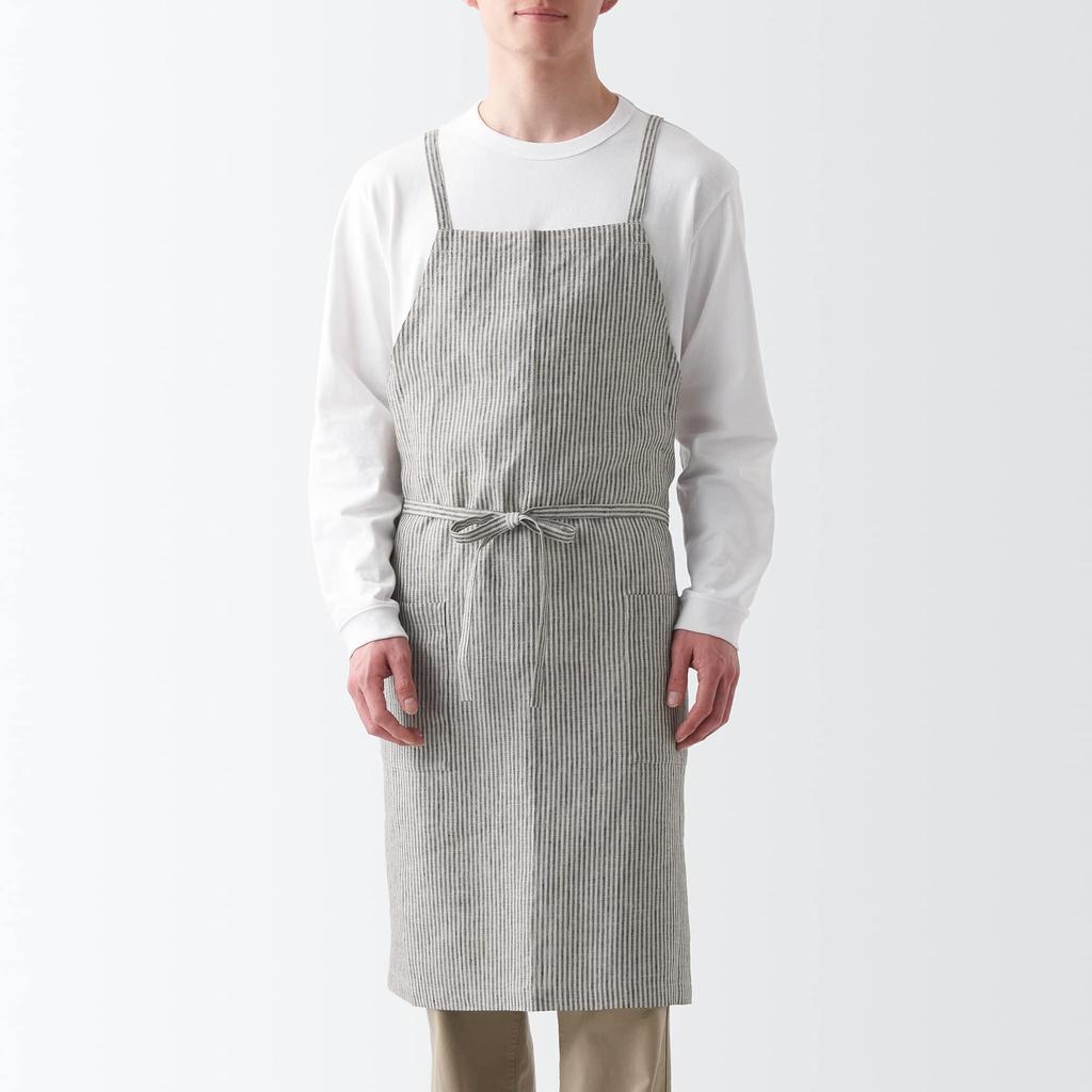 MUJI Linen Plain Weave Cafe Charcoal Gray Free 12835769 Apron, Stripe, Size,
