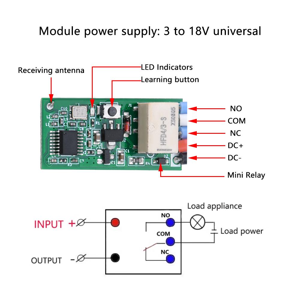 DC3V-18V Mini Wireless Remote Control Switch 433MHz LED Light Remote Switch Micro On/Off Relay Module for Light DIY Curtain