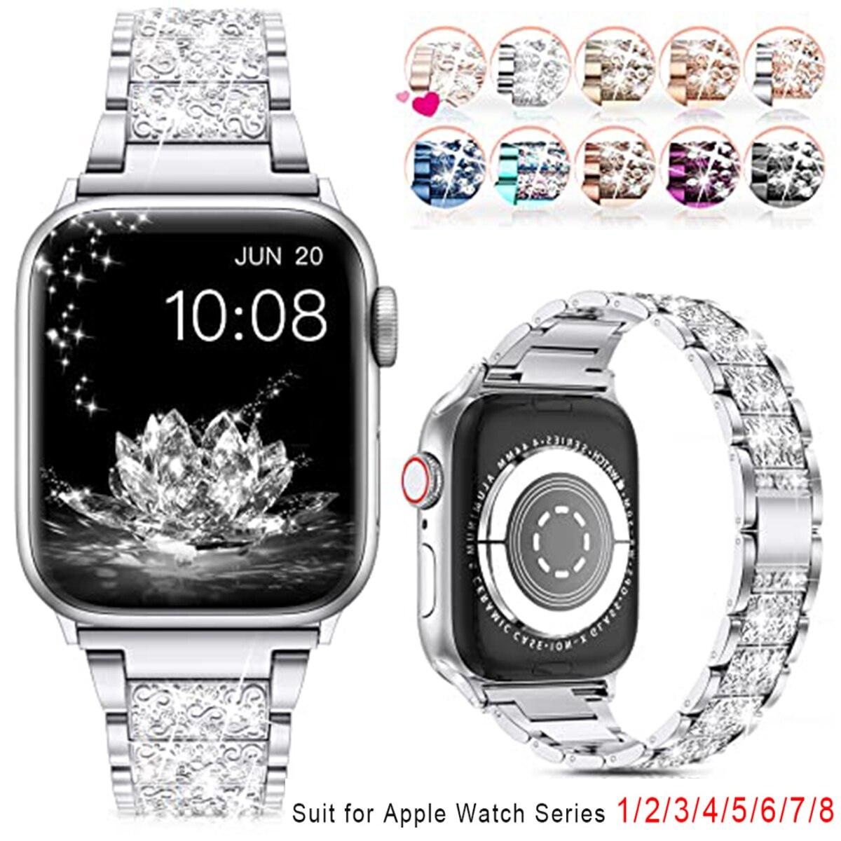 

Классический сверкающий бриллиантовый ремешок для Apple Watch 40 мм 45 мм 44 мм 41 мм 42 мм 38 мм Металлический ремешок для IWatch Series 7 SE 6 5 4 Женский браслет 38mm 40mm 41mm