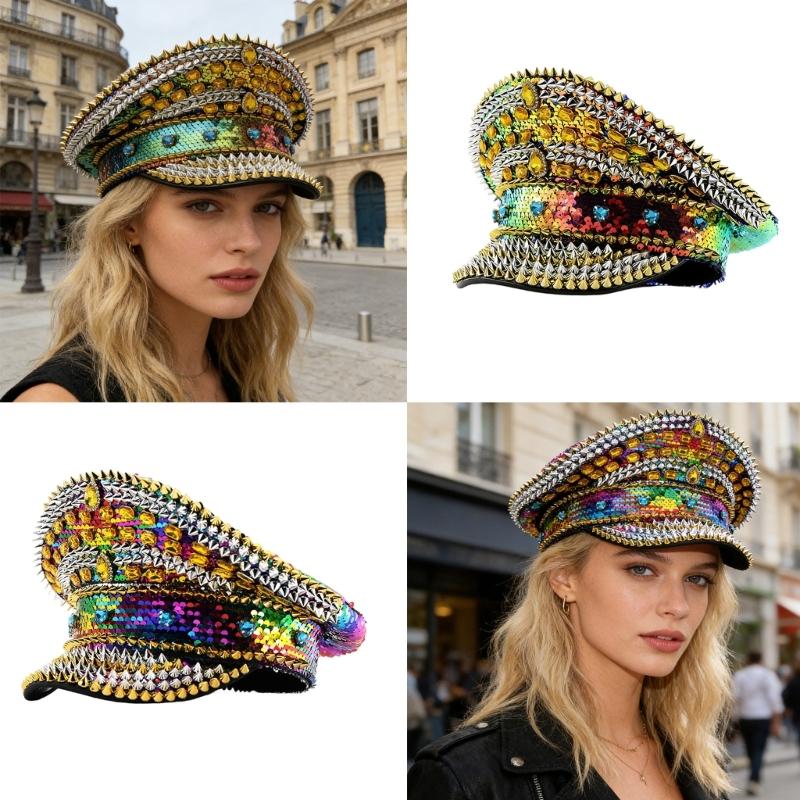 Stylish Rhinestones And Studded Flat Top Cap For Women Men Baseball Hat Fashionable Party Accessory With Adjustable Size