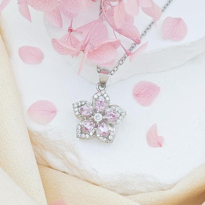 Elegant Zircon-Studded Rotatable Flower Pendant Necklace with Copper Inlay