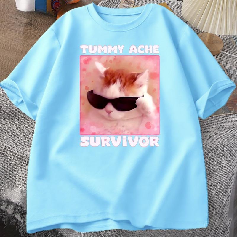 Tummy Ache Survivor Funny Cat Meme Tshirt Unisex Women Silly Stupid Cat Tee Shirt Unisexs Short Sleeve T Shirts Cotton Oversized Top