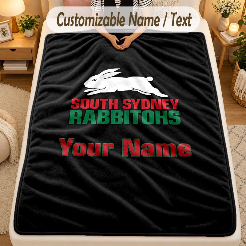 Flannel BlanketSouth Sydney Rabbitohs Custom Name Text Personalized Soft Warm Throw Blanket Home Decor Gift
