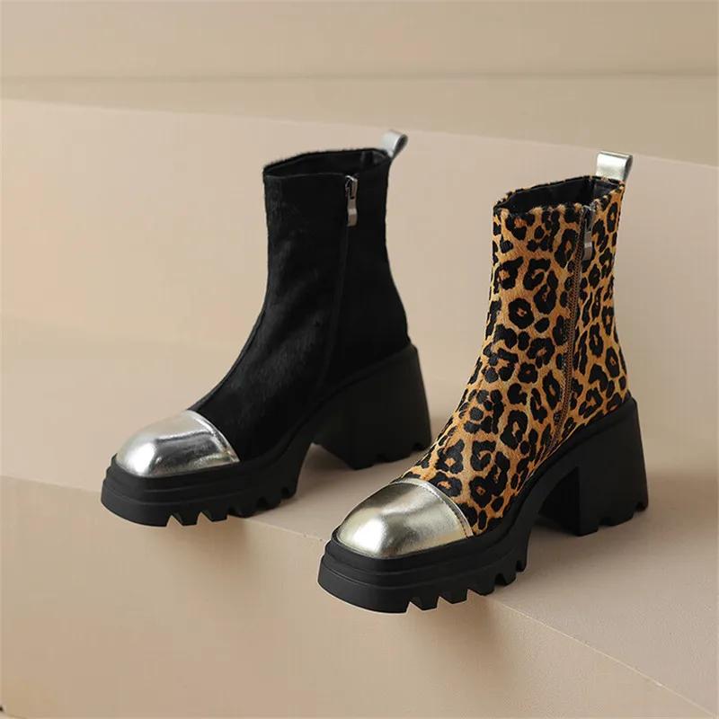 Fashion 2025 Autumn Leopard Horsehair Women Boots Square Toe Platform Boots for Women Fashion Short Boots Winter Boots Zapatos De Mujer