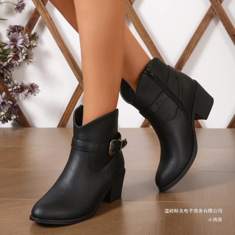Large size western denim thick heel leather boots women's cross-border European and American style belt buckle side zipper middle heel Martin boots