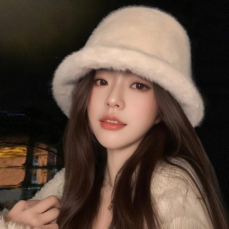 Imitation Mink Mink Hair Bucket Hat Female Autumn and Winter Warm White Plush Bucket Hat Female Winter Washbasin Hat